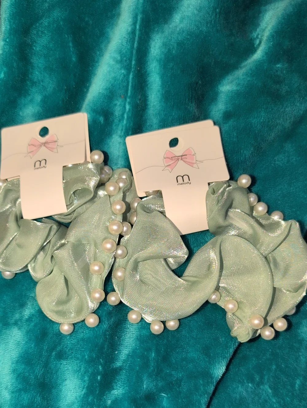 Mint Pearl-Trim Scrunchies - Set of 2